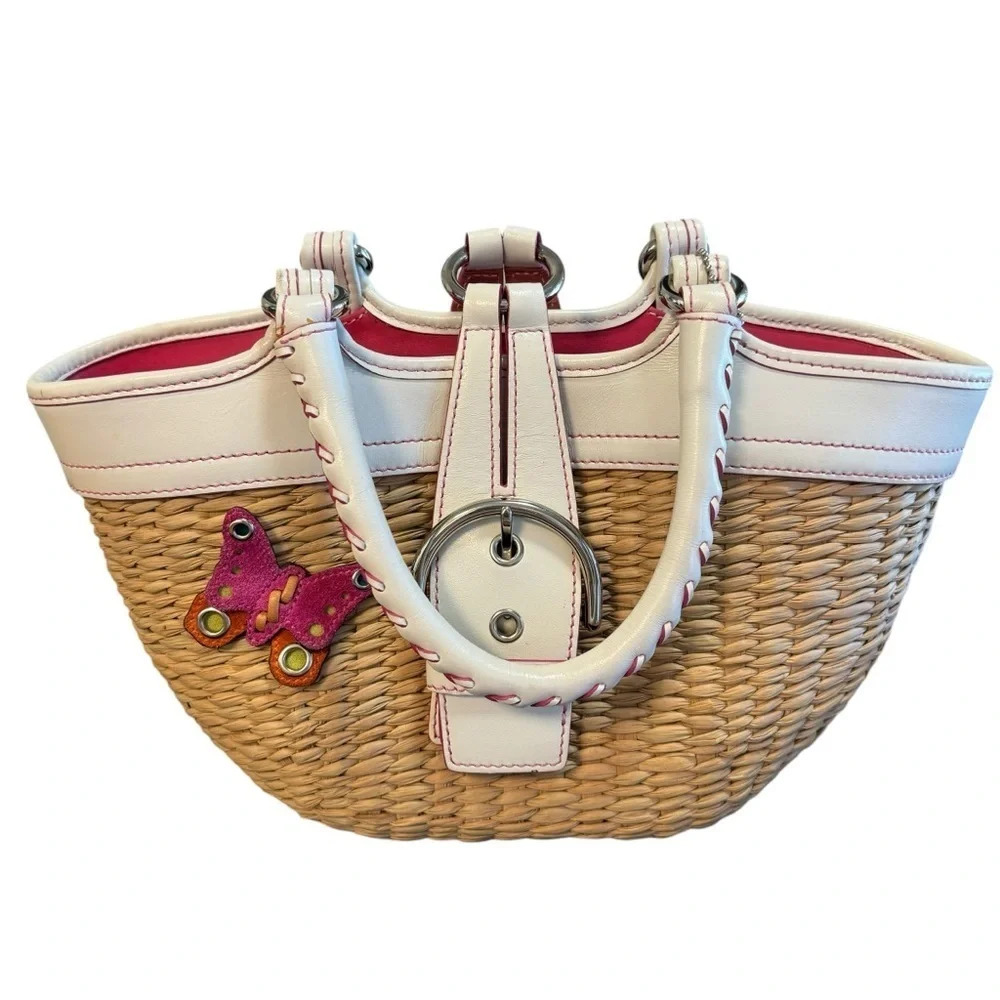 Coach 6270 Straw Butterfly Embellished Straw Tote With White Leather Trim